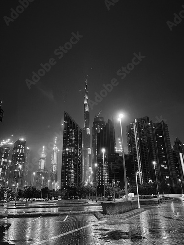 Dubai city skyline at night with Burj Khalifa 
