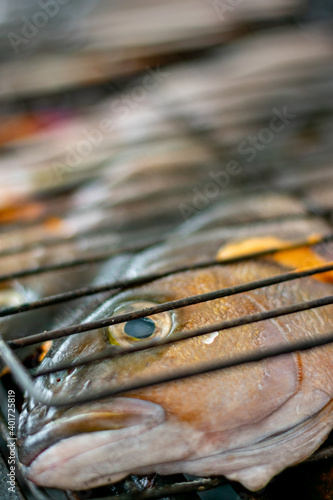 pescado fresco y acomodado en reja para asar o zarandear a la parrilla con cebolla morada y pimiento morrón amarillo 