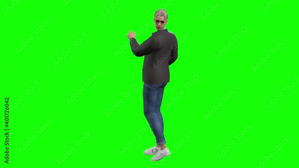 3d animation of a young avatar man in jacket and jeans admires himself, poses and begins walking. 3d animation of a young avatar man in jacket and jeans admires himself, poses and begins walking.