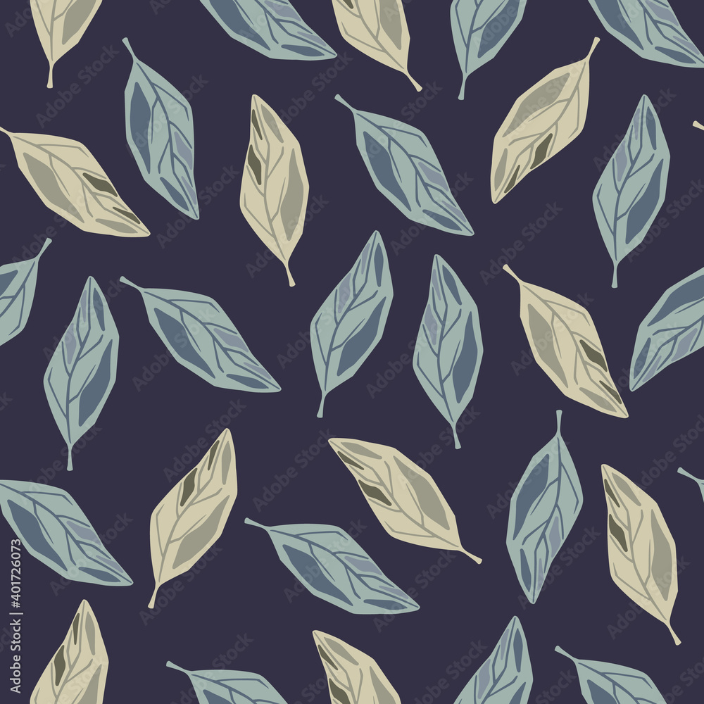 Fototapeta premium Random foliage seamless pattern with falling foliage print. Leaf ornament on purple background.