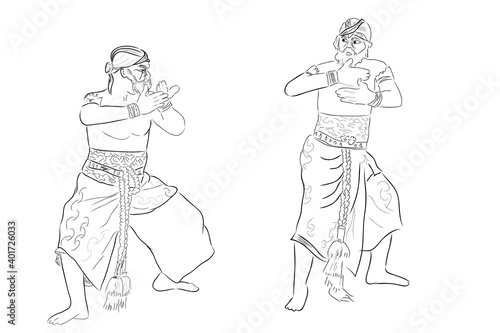 Simple Vector Hand Draw Sketch and Black Outline Reog Traditional Dance from Ponorogo East Java Indonesia  isolated on white