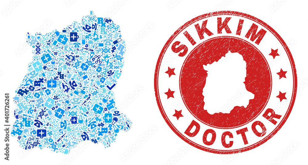 Vector collage Sikkim State map with vaccine icons, test symbols, and grunge health care rubber imitation. Red round stamp with corroded rubber texture and Sikkim State map word and map. Vector collage Sikkim State map with vaccine icons, test symbols, and grunge health care rubber imitation. Red round stamp with corroded rubber texture and Sikkim State map word and map.