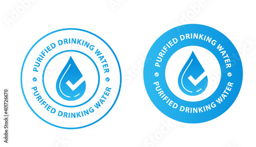 purified drinking water vector, product label icon with water drop and tick mark illustration