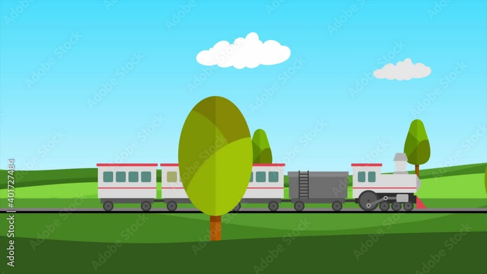 4k cartoon 2D animation- Train animation against the background of ...