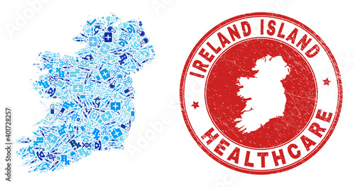 Vector mosaic Ireland Island map with vaccination icons, labs symbols, and grunge doctor stamp. Red round stamp with grunge rubber texture and Ireland Island map tag and map.
