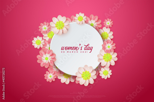 Fototapeta Naklejka Na Ścianę i Meble -  women's day circle background with scattered flowers.