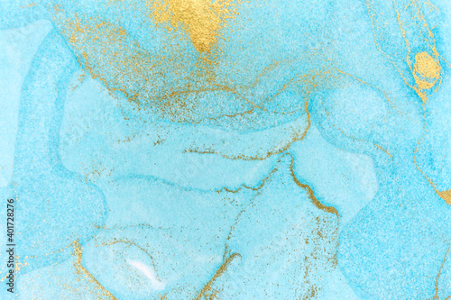 Blue wave abstract background with gold splashes. Light blue beautiful texture.