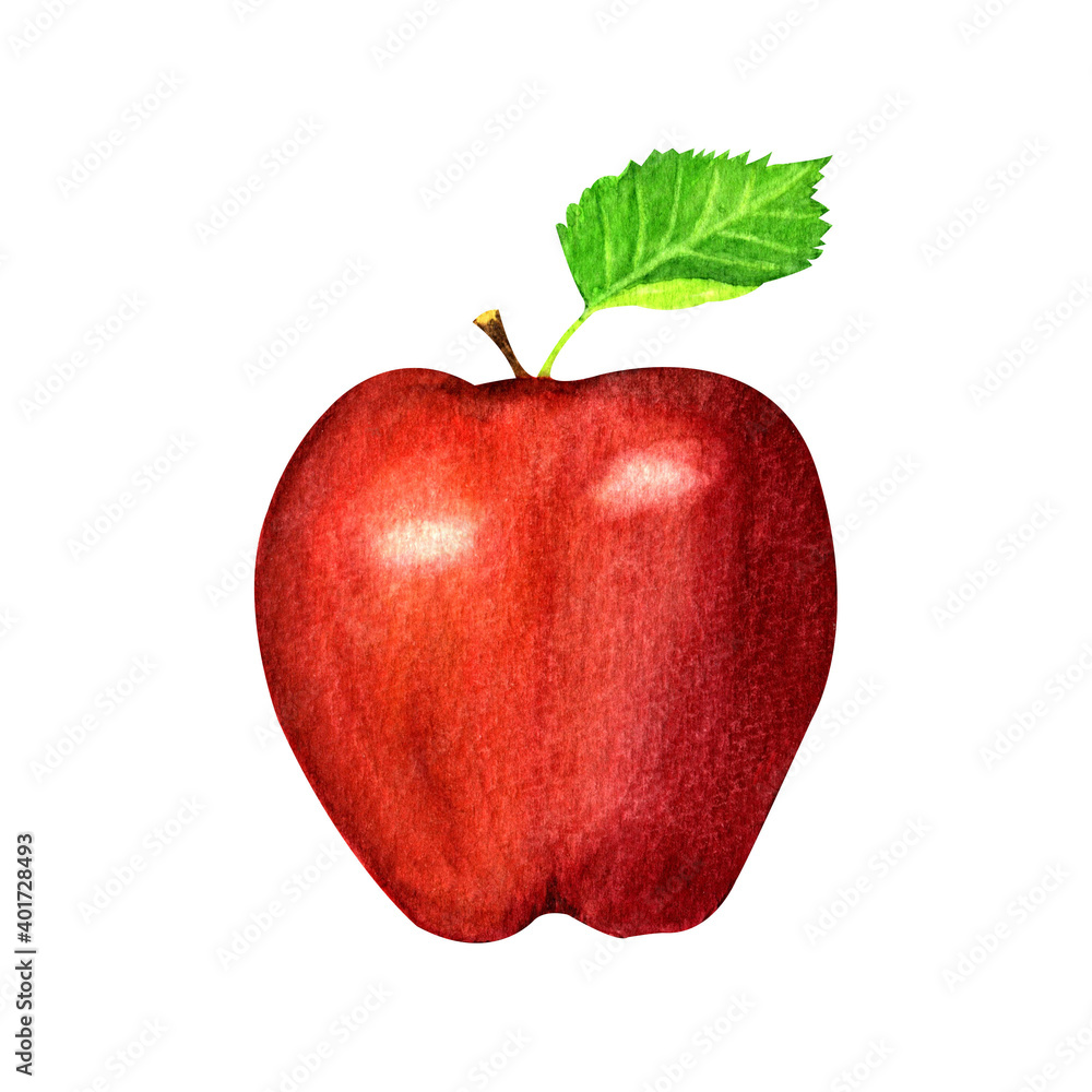 Fototapeta premium Watercolor illustration of red apple with green leaf.Isolated on white background. Can be used as poster,pattern for embroidery, greeting card, sticker, print on textiles and other souvenir products.