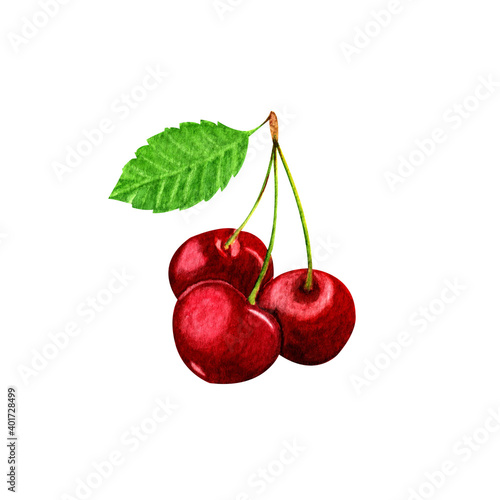 Beautiful watercolor illustration of three red ripe cherries with green leaf,on white background.For embroidery pattern,greeting card,sticker,patterns,print on textiles and other souvenir products.