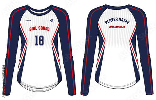 Women Long Sleeve Sports t-shirt Jersey design concept Illustration Vector suitable for girls and Ladies for Volleyball, Soccer, netball, Football, tennis, badminton jersey. Sport uniform kit
