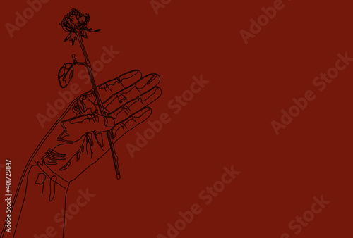 一輪の薔薇を持った手のシンプルな線画イラスト【はがきテンプレート】