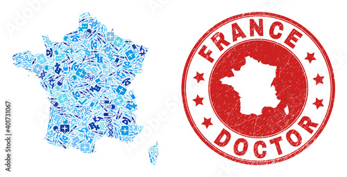 Vector collage France map with vaccine icons, receipt symbols, and grunge healthcare rubber imitation. Red round watermark with grunge rubber texture and France map word and map.