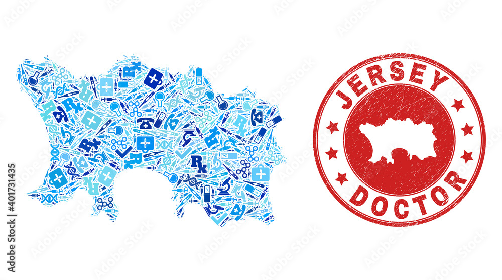 Vector collage Jersey Island map with treatment icons, laboratory symbols, and grunge healthcare rubber imitation. Red round stamp with distress rubber texture and Jersey Island map text and map.