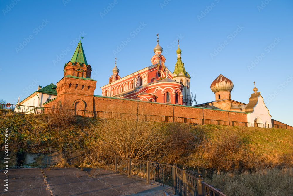At the old Staroladozhsky Nikolsky monastery in the snowless December morning. Leningrad region, Russia