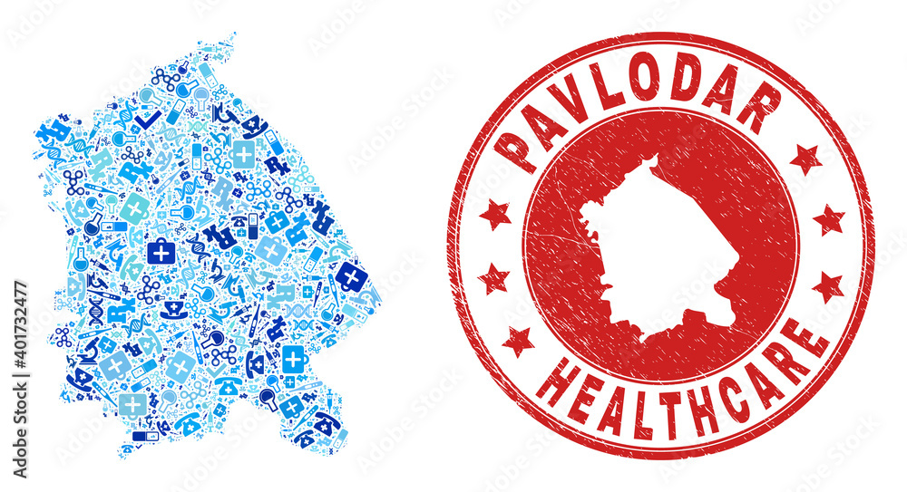 Vector mosaic Pavlodar Region map with medical icons, receipt symbols, and grunge health care stamp. Red round stamp with corroded rubber texture and Pavlodar Region map caption and map. Vector mosaic Pavlodar Region map with medical icons, receipt symbols, and grunge health care stamp. Red round stamp with corroded rubber texture and Pavlodar Region map caption and map.