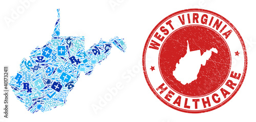 Vector collage West Virginia State map of dose icons, medicine symbols, and grunge health care rubber imitation.