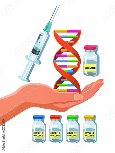 Open hand with human DNA and syringe and vaccine bottles vector illustration.