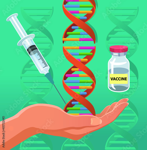 Open hand with human DNA strand spiral and syringe and vaccine bottle vector illustration.