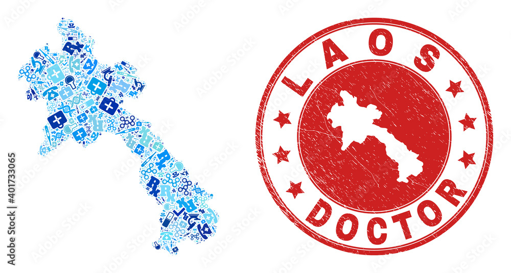 Vector collage Laos map with vaccination icons, medicine symbols, and grunge healthcare stamp. Red round stamp with grunge rubber texture and Laos map tag and map. Vector collage Laos map with vaccination icons, medicine symbols, and grunge healthcare stamp. Red round stamp with grunge rubber texture and Laos map tag and map.