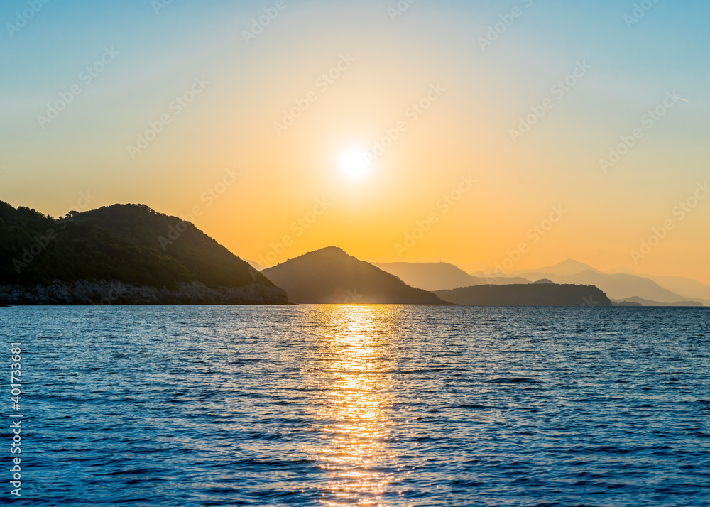 A view of mountains at sunset in the Adriatic sea near Mljet island, Chroatia
