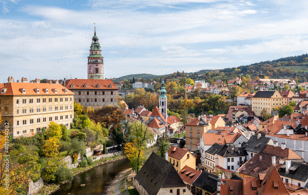 View of the medieval castle, tower and Vltava river in Cesky Krumlov in the Czech Republic