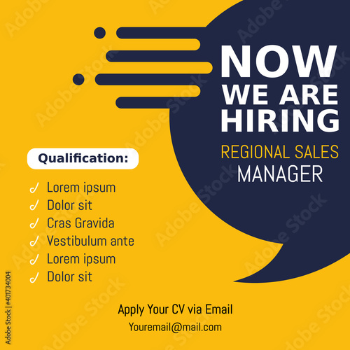 Job recruitment regional sale manager design for companies. Square social media post layout. We are hiring banner, poster, background template photo
