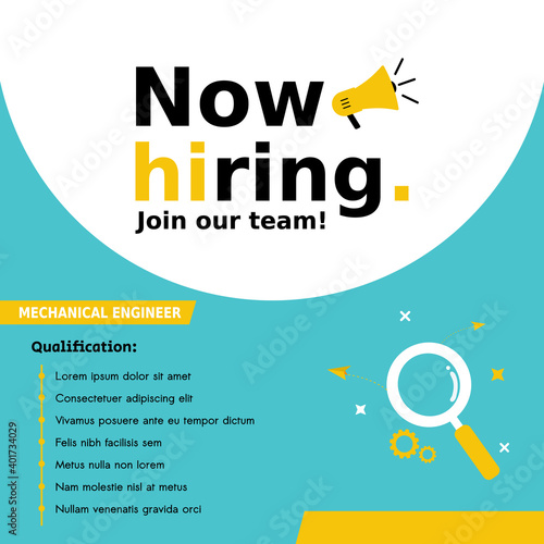 Job recruitment mechanical engineer design for companies. Square social media post layout. We are hiring banner, poster, background template