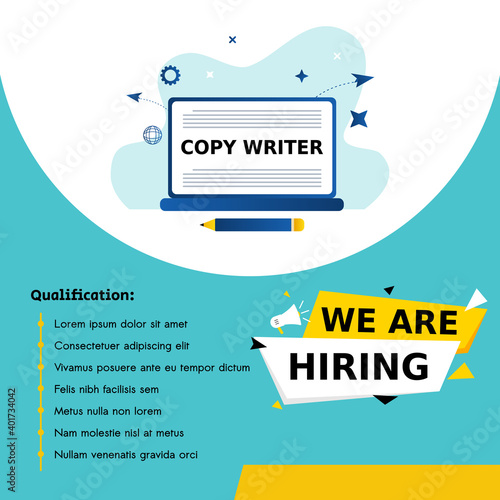 Job recruitment copy writer design for companies. Square social media post layout. We are hiring banner, poster, background template