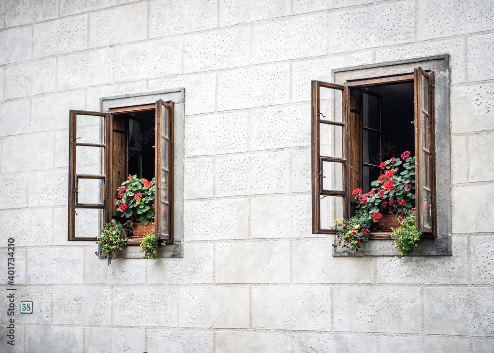 Wooden windows with flowers in the old sandstone house