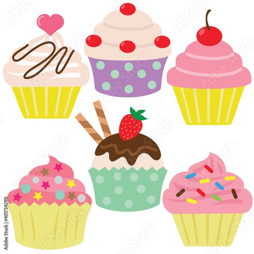 Sweet colorful party cupcakes vector cartoon illustration