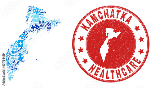 Vector mosaic Kamchatka map of dose icons, labs symbols, and grunge doctor seal stamp. Red round seal with grunge rubber texture and Kamchatka map word and map.