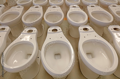 Semi-finished ceramic toilets are in the factory