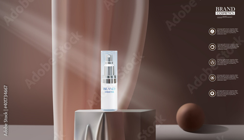 product cosmetic on podium with white silk fabric. Pink silk fabric with Brown background.