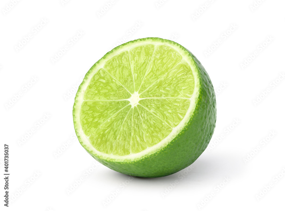 Green lime cut in half isolated on white background. Clipping path.
