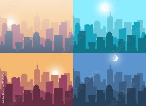 Cityscape. City view at night or at sunrise and sunset. Landscape with high modern buildings. Urban panorama in morning or evening and at afternoon. Business downtown, vector skyscrapers illustration