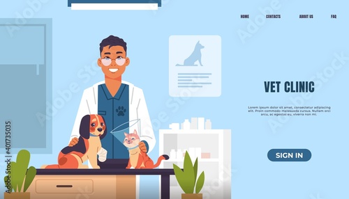 Vet clinic landing page. Website template with cartoon veterinarian, pet owner and domestic animal. Medical service for cats or dogs, treatment and health care. Vector web interface colorful design