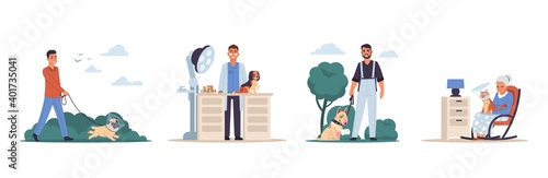 Cured pets. Cartoon people with domestic animals at veterinary clinic or in park and at home. Men and women care of sick cats and dogs. Cute scenes with kittens or puppies, vector grooming flat set