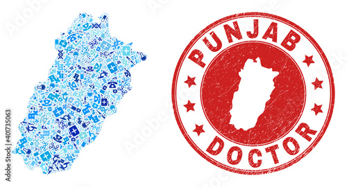 Vector collage Punjab Province map of dose icons, analysis symbols, and grunge health care stamp. Red round stamp with grunge rubber texture and Punjab Province map text and map.