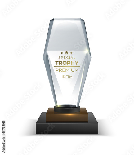 Crystal glass trophy. Realistic award. 3D transparent prize with golden lettering on square stand. Isolated shiny cup to winner in sport championship. Reward in competition of talents, vector victory