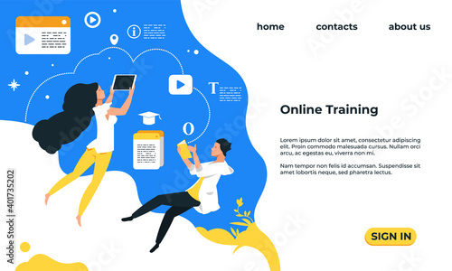 Online training landing page. Web service with video courses. Educational lessons, people study distantly. Website interface. Modern template with lettering and buttons, vector UI mockup design