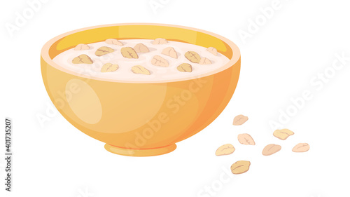 Porridge. Cartoon plate with oatmeal or muesli. Isolated oat bowl and scattered flakes. Traditional morning food. Healthy meal for breakfast cooking from cereal. Vegan product, vector illustration