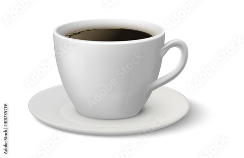 Realistic coffee cup. Espresso 3D mockup, white mug on plate side view, hot beverage in ceramic crockery, morning caffeine aromatic drink, 3d advertise element vector single isolated illustration