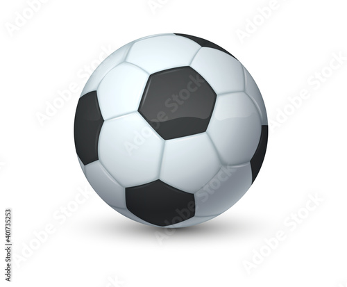 Realistic sport ball. 3D equipment for football. Isolated smooth round shape with geometric classic print. Leather inflatable sphere for active outdoor games. Vector soccer championship logo template