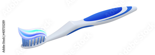 Toothpaste on toothbrush. Realistic 3D equipment for oral hygiene. Isolated plastic stick with bristles in white and blue colors. Instrument for cleaning teeth with gel. Vector personal toiletries