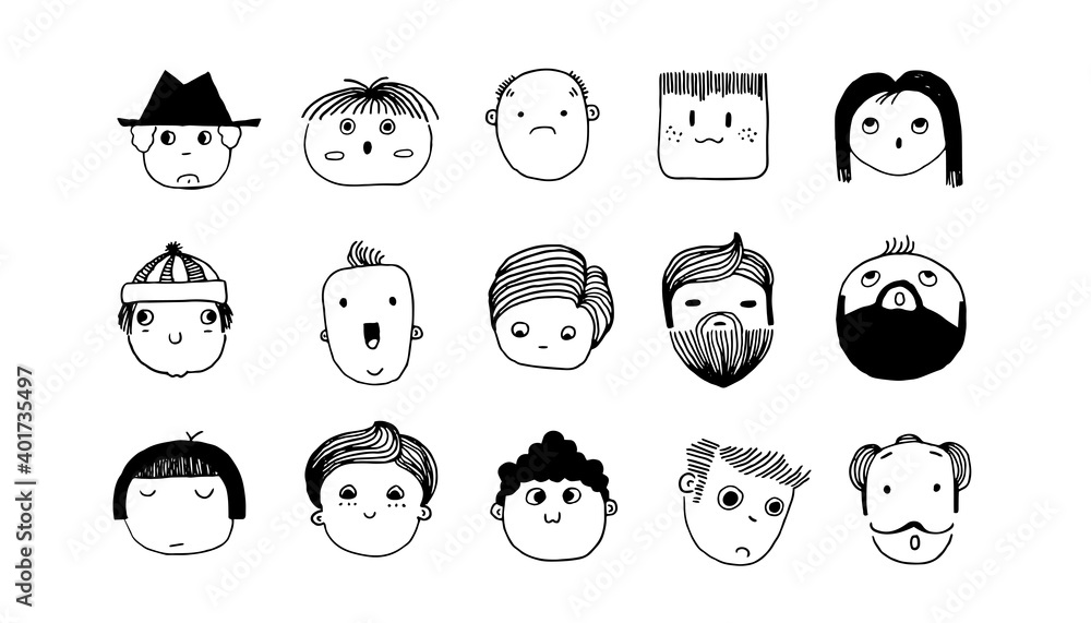 Minimal doodle avatars. Hand drawn human faces. Cartoon outline young or adult characters with headgear and hairstyles, beards or mustaches. Isolated black and white sketches, vector web profile set Minimal doodle avatars. Hand drawn human faces. Cartoon outline young or adult characters with headgear and hairstyles, beards or mustaches. Isolated black and white sketches, vector web profile set
