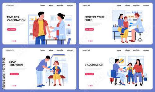 Vaccination landing page. Cartoon people get injections of vaccine in hospital. Doctors give inoculation to patients. Website interface. Prevention of contagious diseases. Vector web templates set