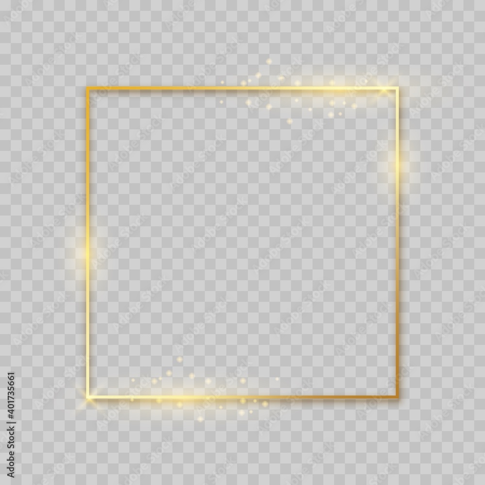 Shiny square golden frame. Decoration border with glitter. Glowing gold