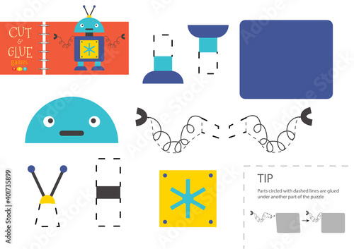 Cut and glue paper toy. Vector illustration, worksheet with cartoon robot character