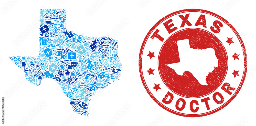 Vector mosaic Texas State map of vaccination icons, medicine symbols, and grunge healthcare seal stamp. Red round seal with scratched rubber texture and Texas State map tag and map. Vector mosaic Texas State map of vaccination icons, medicine symbols, and grunge healthcare seal stamp. Red round seal with scratched rubber texture and Texas State map tag and map.