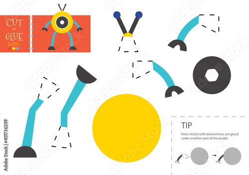 Cut and glue paper vector toy. Funny robotic character as a cardboard cutout model